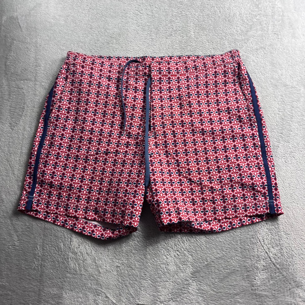 Fair Harbor Mens Swim Trunks Size 33 Red Blue Geometric Diamond Print Shorts